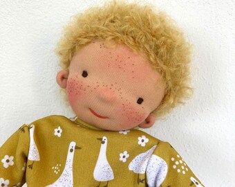 LEVIN doll 32 cm, 12", handmade Waldorf doll boy made of fabric, natural materials, earth tones, with blonde hair, brown eyes, gift