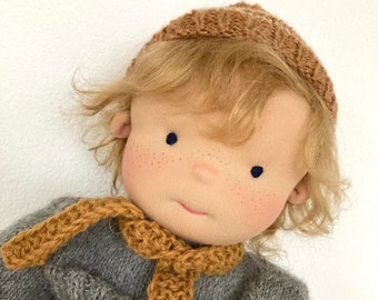 JOSHI doll 36 cm, 14" handmade Waldorf doll WISH DOLL, boy, eco, earth colors, blonde curly mohair hair, dark blue eyes, gift