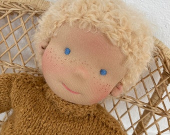 LEVI doll 28 cm 10" handmade wish doll Waldorf doll boy, individual rag doll, earth tones, knitted clothes blonde hair blue eyes