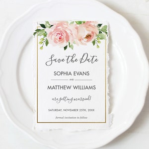 Elegant Blush Pink Floral Save the Date Card EDITABLE Template Printable Romantic Flowers Wedding Bridal Shower Birthday Anniversary BL1