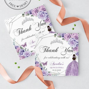 EDITABLE TEMPLATE Quinceañera Candle Favor Tags Purple Lavender Lilac Floral Dress Princess Tiara 15th 18th Birthday Sweet 16 Printable QC37