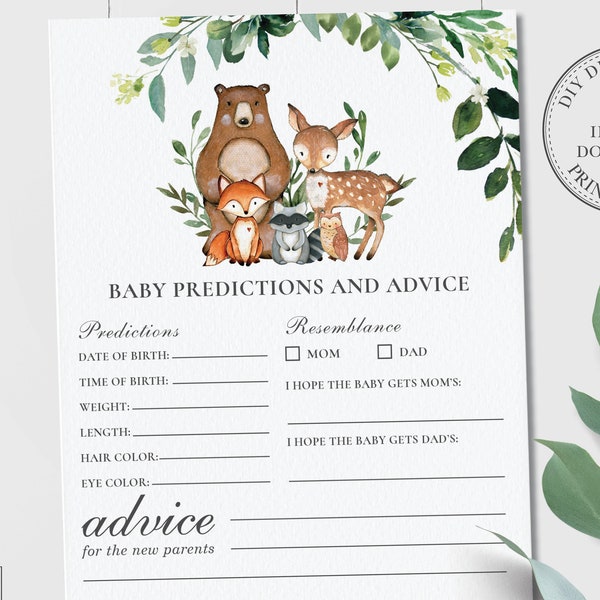 Baby Predictions and Advice Card, INSTANT DOWNLOAD, Rustic Greenery Woodland Animals Neutral Baby Shower, Fun Game Activity Printable, WL1