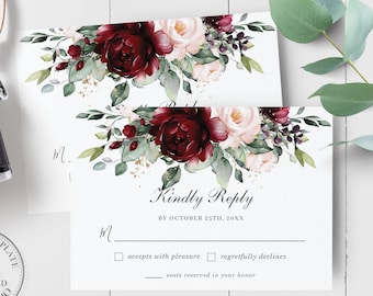 RSVP Card, INSTANT Download, Rustic Burgundy Blush Pink Floral Wedding Insert Enclosure, EDITABLE Template Diy Printable Greenery Flower RB1