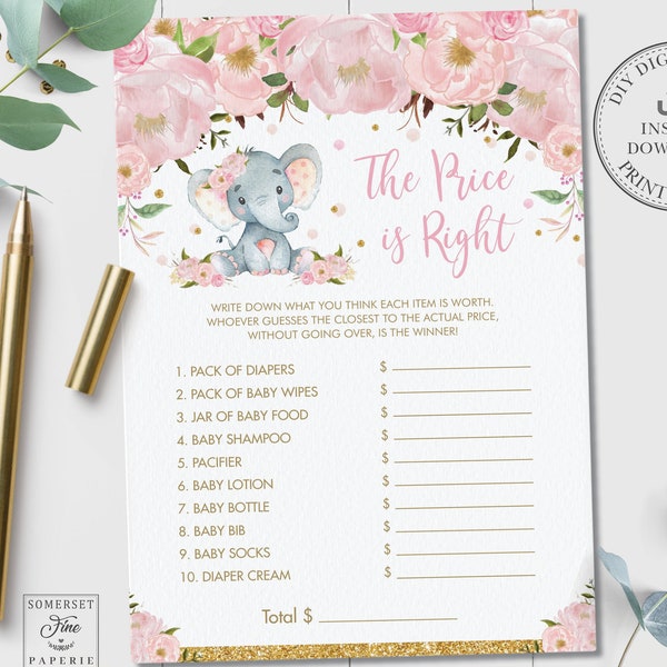 EDITABLE TEMPLATE, The Price is Right Game, Cute Pink Floral Baby Elephant Sprinkle Fun Activity Pdf Printable File, INSTANT Download, EP5