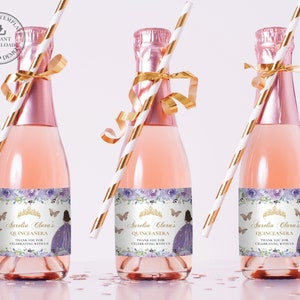Purple Lilac Floral Quinceañera Mini Champagne Bottle Labels EDITABLE TEMPLATE Quince 15 16 Birthday Stickers Printable Instant Download QC3