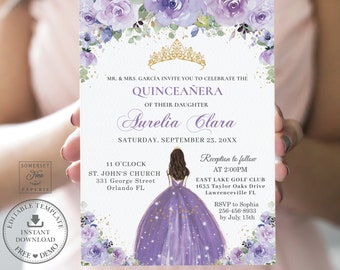 May include: Purple and gold quinceañera invitation with a floral design and a silhouette of a girl in a purple dress. The text reads "MR. & MRS. GARCÍA INVITE YOU TO CELEBRATE THE QUINCEAÑERA OF THEIR DAUGHTER AURELIA CLARA SATURDAY, SEPTEMBER 23, 20XX 11 O'CLOCK ST. JOHN'S CHURCH 331 George Street Orlando FL Reception to follow AT 2:00PM EAST LAKE GOLF CLUB 1633 Taylor Oaks Drive Lawrenceville FL RSVP to Sophia 256-456-8933 by July 15th"