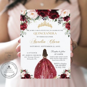 Burgundy Blush Floral Quinceañera Invitation INSTANT DOWNLOAD, Mis Quince 15 Anos 16th Birthday Invite Diy Editable Template Printable, QC1