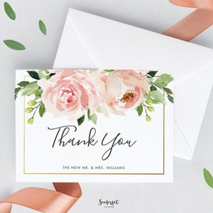 Thank You Card INSTANT DOWNLOAD, Wedding Thank You Card Folded Pdf Editable Template DIY Printable, Romantic Blush Pink Flowers Greenery BL1