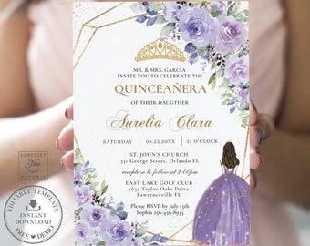 May include: Purple and gold quinceañera invitation with a watercolor floral design. The invitation features a crown, the text "Quinceañera", and the name "Aurelia Clara". The invitation also includes the date, time, and location of the event.