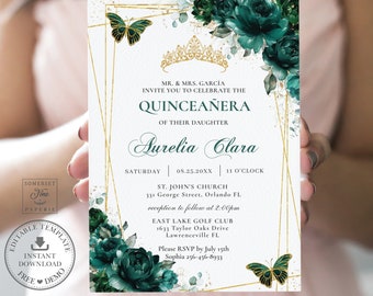 Emerald Green Floral Butterflies Quinceañera Invitation EDITABLE TEMPLATE, Mis Quince 15 Anos 16th Birthday Instant Download Printable, QC9