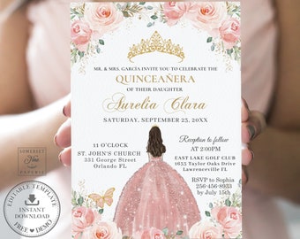 Blush Pink Floral Roses Quinceañera Invitation Printable EDITABLE TEMPLATE, Crown Rose Gold Mis Quince 15 Anos Birthday INSTANT Download QC7