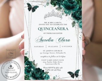 Könnte beinhalten: Eine Quinceañera-Einladung mit einem türkisfarbenen und silbernen Design. Die Einladung zeigt ein florales Design mit Schmetterlingen und einer Krone. Der Text auf der Einladung lautet: "MR. & MRS. GARCÍA INVITE YOU TO CELEBRATE THE QUINCEAÑERA OF THEIR DAUGHTER Aurelia Clara SATURDAY 08.25.20XX 11 O'CLOCK ST. JOHN'S CHURCH 331 George Street, Orlando FL reception to follow at 2:00pm EAST LAKE GOLF CLUB 1633 Taylor Oaks Drive Lawrenceville FL Please RSVP by July 15th Sophia 256-456-8933"