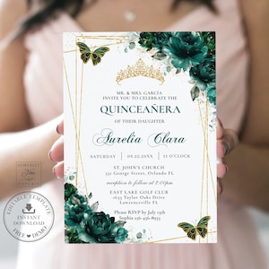 Emerald Green Floral Butterflies Quinceañera Invitation EDITABLE TEMPLATE, Mis Quince 15 Anos 16th Birthday Instant Download Printable, QC9