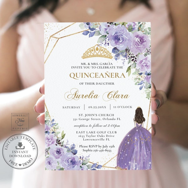 Invitación Quinceañera Floral Lila Púrpura DESCARGA INSTANTE, Mis Quince 15 Anos Cumpleaños Invitación Diy Plantilla Editable, PDF Imprimible, QC3