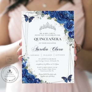 Royal Blue Floral Butterflies Silver Quinceañera Invitation EDITABLE TEMPLATE Mis Quince 15, 16th Birthday Instant Download Printable QC16