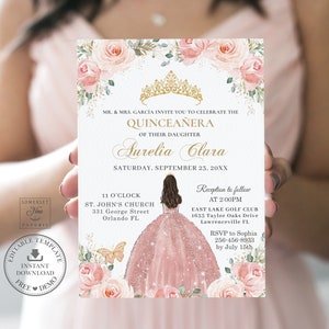 Blush Pink Floral Roses Quinceañera Invitation Printable EDITABLE TEMPLATE, Crown Rose Gold Mis Quince 15 Anos Birthday INSTANT Download QC7