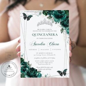 Emerald Green Floral Butterflies Silver Quinceañera Invitation EDITABLE TEMPLATE, Mis Quince 15 Anos Sweet 16 Birthday Invite Printable, QC9