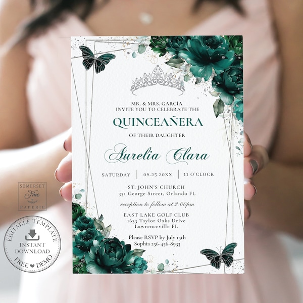 Emerald Green Floral Butterflies Silver Quinceañera Invitation EDITABLE TEMPLATE, Mis Quince 15 Anos Sweet 16 Birthday Invite Printable, QC9