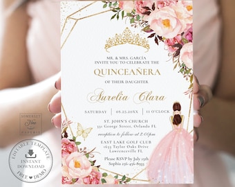 May include: A Quinceañera invitation with a pink and gold floral design. The invitation features a crown, a butterfly, and a silhouette of a girl in a pink dress. The text on the invitation reads "Aurelia Clara" and includes the date, time, and location of the event.  Please RSVP by July 15th, Sophia 256-456-8933.