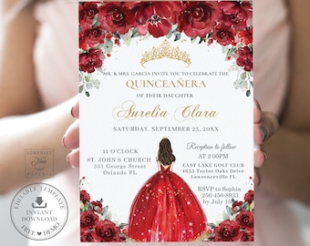 Red Roses Floral Gold Quinceañera Invitation INSTANT DOWNLOAD, Mis Quince 15 Anos 16th Birthday Invite Diy Editable Template Printable QC13