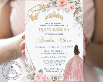 May include: A Quinceañera invitation with a gold geometric frame, pink roses, butterflies, and a gold crown. The text reads "MR. & MRS. GARCÍA INVITE YOU TO CELEBRATE THE QUINCEAÑERA OF THEIR DAUGHTER Aurelia Clara SATURDAY 08.25.20XX 11 O'CLOCK ST. JOHN'S CHURCH 331 George Street, Orlando FL reception to follow at 2:00pm EAST LAKE GOLF CLUB 1633 Taylor Oaks Drive Lawrenceville FL Please RSVP by July 15th Sophia 256-456-8933"