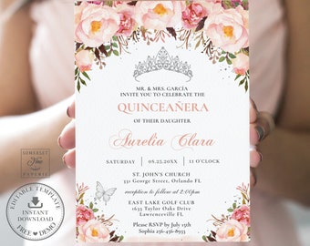 May include: Pink floral Quinceañera invitation with a silver crown, featuring the text "MR. & MRS. GARCÍA INVITE YOU TO CELEBRATE THE QUINCEAÑERA OF THEIR DAUGHTER Aurelia Clara" and details for the event, including the date, time, and location.