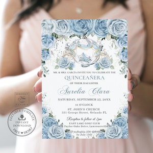Baby Blue Floral Cinderella Pumpkin Coach Quinceañera Invitation INSTANT DOWNLOAD Quince 15 16th Birthday Printable EDITABLE Template QC18