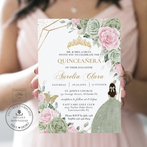 Sage Green Pink Floral Gold Princess Quinceañera Invitation INSTANT DOWNLOAD Mis Quince 15 16th Birthday Printable EDITABLE Template QC49