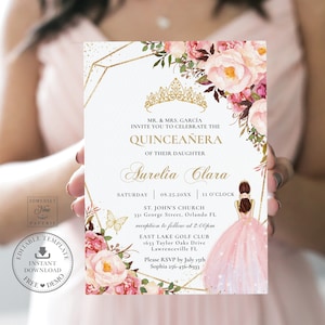 Chic Blush Pink Floral Princess Quinceañera Invitation MODÈLE MODIFIABLE, Mis Quince 15 Anos Anniversaire Téléchargement instantané PDF Imprimable QC12