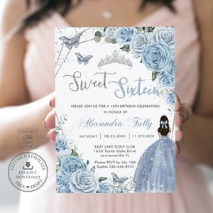 Baby Blue Floral Silver Sweet 16 Sixteen 16th Birthday Invitation EDITABLE TEMPLATE, Quinceañera Princess Butterflies Invite Printable, QC18