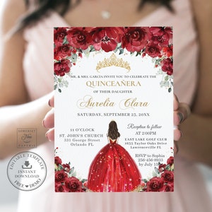Red Roses Floral Gold Quinceañera Invitation INSTANT DOWNLOAD, Mis Quince 15 Anos 16th Birthday Invite Diy Editable Template Printable QC13