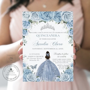 Invitación imprimible de quinceañera con flores plateadas en azul bebé, PLANTILLA EDITABLE, invitación de bricolaje para cumpleaños de 15 años, descarga INSTANTÁNEA, QC18