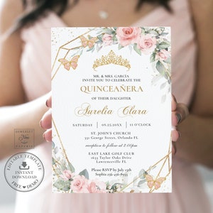Soft Blush Pink Floral Quinceañera Butterflies Invitation INSTANT DOWNLOAD, Mis Quince 15 Anos Birthday Diy Editable Template Printable, BP1