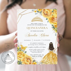 Yellow Floral Quinceañera Invitation Printable INSTANT DOWNLOAD, Mis Quince 15 Anos Birthday Invite Tiara Flower Diy Editable Template, QC15