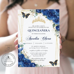 Royal Blue Floral Butterflies Quinceañera Invitation EDITABLE TEMPLATE, Mis Quince XV 15 Sweet 16 Birthday Instant Download Printable, QC16