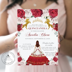 Red White Roses Floral Gold Quinceañera Invitation Printable EDITABLE TEMPLATE Mis Quince 15 Años Charro Dress Princess Horses Birthday QC19