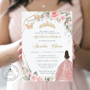Soft Blush Pink Floral Rose Gold Dress Quinceañera Invitation INSTANT DOWNLOAD, Mis Quince 15 Anos Birthday EDITABLE Template Printable, BP1