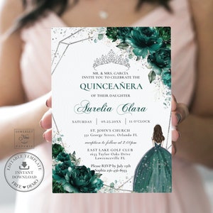 Emerald Green Floral Silver Quinceañera Invitation INSTANT DOWNLOAD, Mis Quince 15 XV Anos 16th Birthday Editable Template Printable, QC9