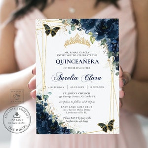 Navy Blue Floral Butterflies Gold Quinceañera Invitation INSTANT DOWNLOAD, Mis Quince 15 Anos 16 Birthday EDITABLE Template Printable, QC17