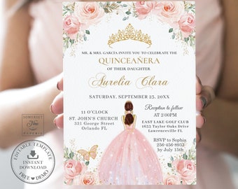 May include: A pink and gold Quinceañera invitation with a floral design. The invitation features a drawing of a young woman in a pink dress and a gold crown. The text on the invitation reads "MR. & MRS. GARCÍA INVITE YOU TO CELEBRATE THE QUINCEAÑERA OF THEIR DAUGHTER Aurelia Clara SATURDAY, SEPTEMBER 23, 20XX 11 O'CLOCK ST. JOHN'S CHURCH 331 George Street Orlando FL Reception to follow AT 2:00PM EAST LAKE GOLF CLUB 1633 Taylor Oaks Drive Lawrenceville FL RSVP to Sophia 256-456-8933 by July 15th"