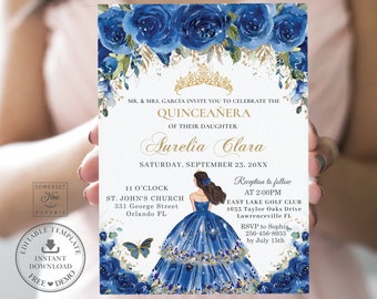 May include: Blue and gold quinceañera invitation with a floral design and a crown. The invitation includes the text "MR. & MRS. GARCÍA INVITE YOU TO CELEBRATE THE QUINCEAÑERA OF THEIR DAUGHTER AURELIA CLARA SATURDAY, SEPTEMBER 23, 20XX 11 O'CLOCK ST. JOHN'S CHURCH 331 George Street Orlando FL Reception to follow AT 2:00PM EAST LAKE GOLF CLUB 1633 Taylor Oaks Drive Lawrenceville FL RSVP to Sophia 256-456-8933 by July 15th"