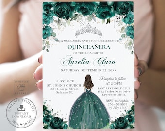 Puede incluir: Invitación a una Quinceañera en color turquesa y plata con un diseño floral y una corona. La invitación incluye el texto "MR. & MRS. GARCÍA INVITE YOU TO CELEBRATE THE QUINCEAÑERA OF THEIR DAUGHTER AURELIA CLARA SATURDAY, SEPTEMBER 23, 20XX 11 O'CLOCK ST. JOHN'S CHURCH 331 George Street Orlando FL Reception to follow AT 2:00PM EAST LAKE GOLF CLUB 1633 Taylor Oaks Drive Lawrenceville FL RSVP to Sophia 256-456-8933 by July 15th"