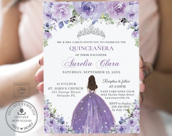 Lilac Purple Floral Quinceañera Invitation Printable EDITABLE TEMPLATE Silver Mis Quince 15 XV Anos Sweet 16 Birthday Invite Download QC3
