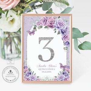 Purple Lilac Lavender Floral Silver Arch Table Number Card EDITABLE TEMPLATE Quinceañera Quince 15 Anos 16th Birthday DIY Digital File QC37