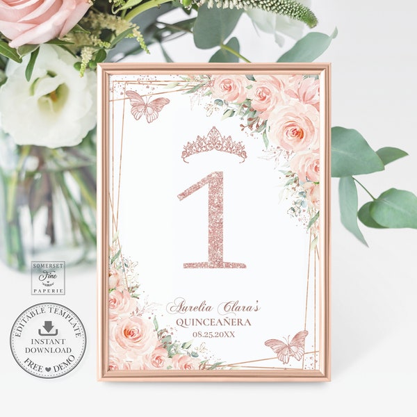 Blush Pink Floral Rose Gold Butterflies Table Number EDITABLE TEMPLATE Quinceañera Mis Quince 15 16 Birthday Printable INSTANT Download QC45