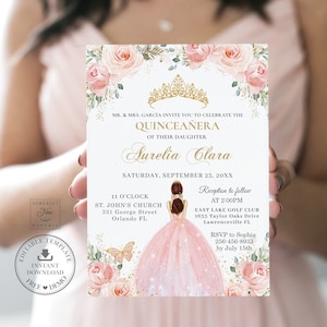 Blush Pink Floral Quinceañera Invitation Printable INSTANT DOWNLOAD Butterfly Mis Quince 15 Anos Birthday Invitaciones Editable Template QC7