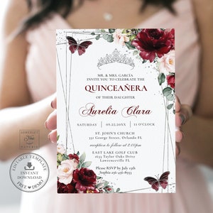 Burgundy Blush Floral Butterflies Silver Quinceañera Invitation EDITABLE TEMPLATE, Mis Quince 15 Anos 16th Birthday INSTANT Printable, QC1