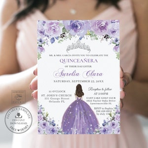 Lilac Purple Floral Quinceañera Invitation Printable EDITABLE TEMPLATE Silver Mis Quince 15 XV Anos Sweet 16 Birthday Invite Download QC3