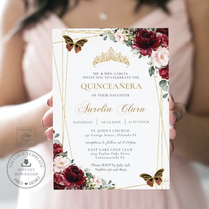 Burgundy Blush Floral Butterflies Quinceañera Invitation EDITABLE TEMPLATE, Mis Quince 15 Sweet 16 Birthday Instant Download Printable, QC1