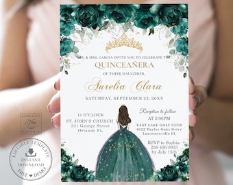 Emerald Green Floral Quinceañera Invitation INSTANT DOWNLOAD, Mis Quince 15 Anos 16th Birthday Invite Diy Editable Template Printable, QC9